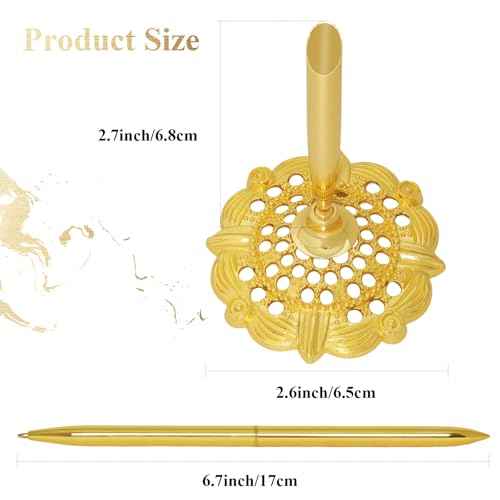 2 Pcs Gold Hollow Round Pen Holder Metal Pen Stand Holder Set Signing Pen Set Signing Desk Ballpoint Pens for Guest Book Wedding Birthday Party Graduation Teacher Office Business