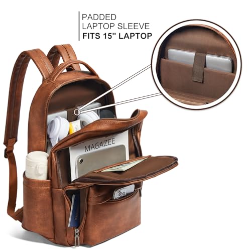 30L Backpack Purse for Women Men Laptop Backpack, Faux Leather Travel Work Backpack Teacher Bookbag fits 15.6" Laptop,Brown