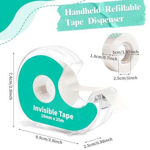 6 Invisible Clear Tape, Transparent Tapes with Refillable Dispenser, 3/4 X 1000 Inches Frosted Writable, Clear Tape Refill Rolls for Gift Wrapping, Home, School Office Supplies