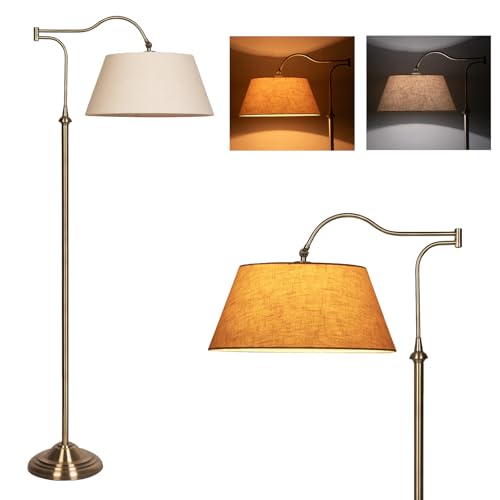 Swing Arm Floor Lamp, Brass Floor Lamps for Living Room with 180¡Æ Adjustable Cantilever, Beige Linen Lampshade, Mid Century Floor Lamp for Bedroom Office Home Nursery Study Room Hotel(Bronze)