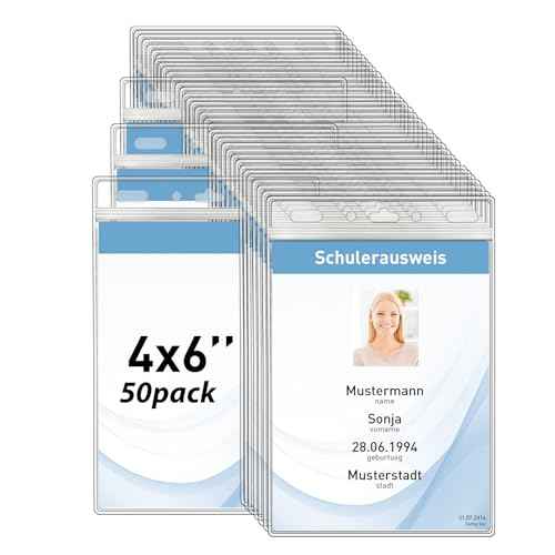 Vertical ID Badge Holders with Soft Edge (Sealable Fits 4x6 Inch Insert) (50 Pack), Waterproof Passport ID Card Holder, Name Tag Holder, Name Badge Holders, Zipper Plastic Badge Holder
