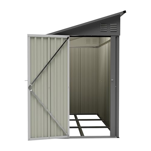 YOPTO 4×8 FT Lean to Metal Shed,Outdoor Heavy-Duty Storage Shed with Floor Base,All Weather Waterproof Garden Tool House W/Lockable Door&2 Air Vents,Reversible Door Design,for Backyard,Patio,Lawn,Gray