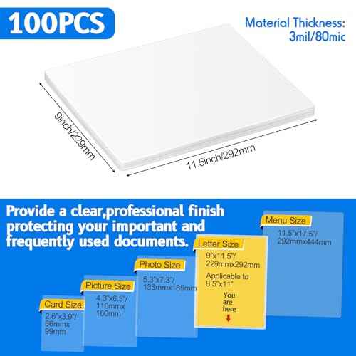 Geyoga 100 Sheets Matte Laminating Sheets Holds 8.5 x 11 in, Matte Thermal Laminating Pouches (3 Mil), 9 x 11-1/2-inch Matte Letter Size Laminating Sheets Ultra Clear with Matte Finish