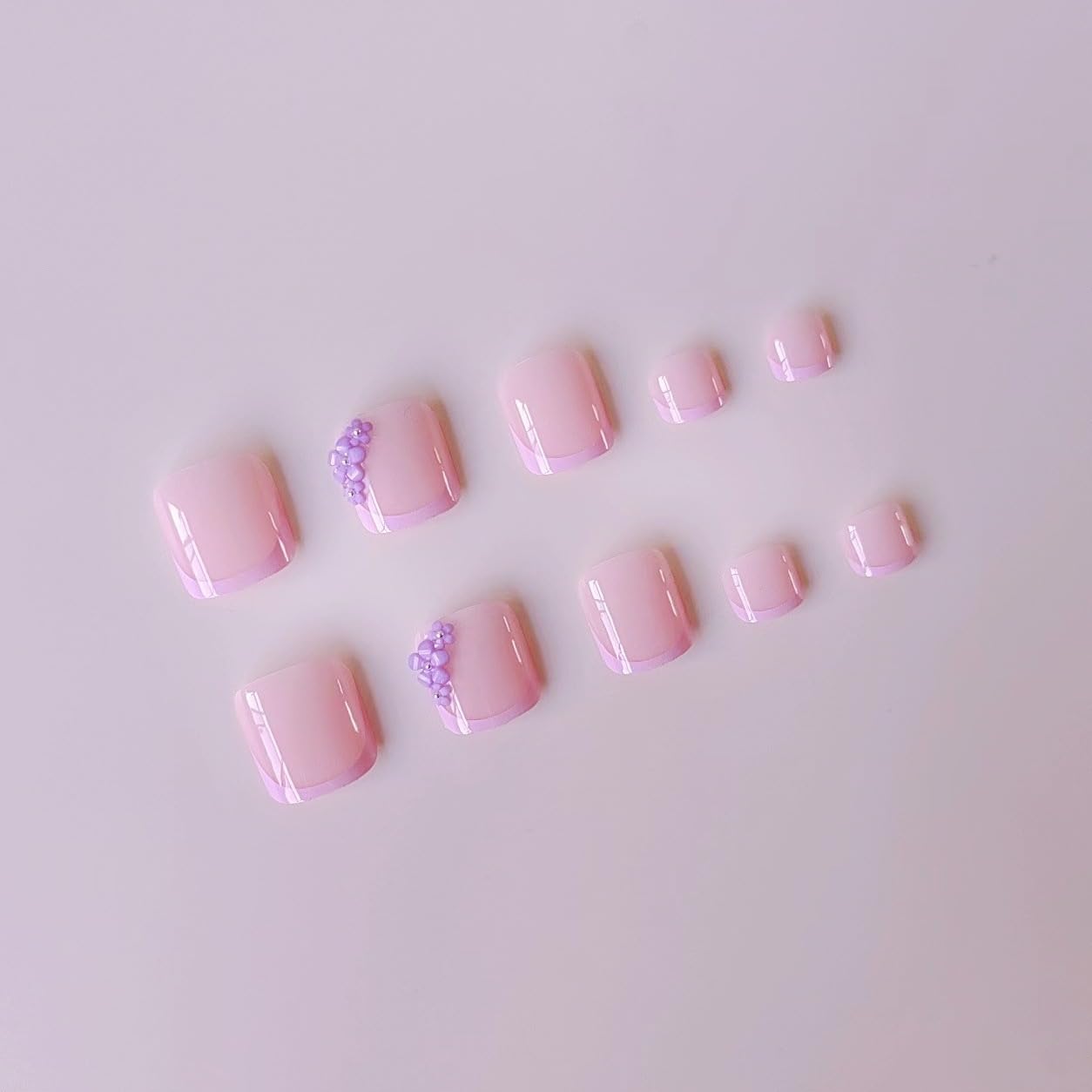 48Pcs Purple French Tip Press on Toenails Press on Nails Long Square Fake Nails with Design 3D Flower Glue on Nails Lilac False Nails Glossy Reusable Summer Nails Toenails for Women Manicure