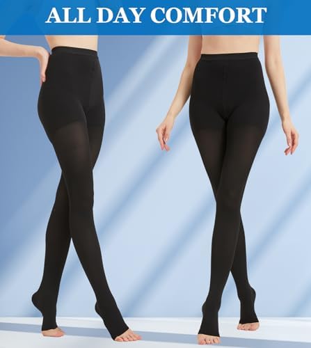 MGANG Medical Compression Pantyhose for Women & Men, 15-20mmHg Graduated Compression Support Tights, Open Toe, Opaque Waist High Compression Stockings for Edema, Varicose Veins, Flight, DVT, Black M