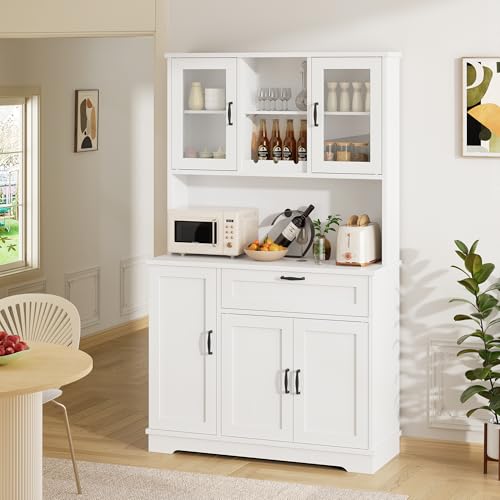 Shintenchi Kitchen Pantry Storage Cabinet, Freestanding Buffet Cabinet with Microwave Stand & 4 Door Shelves, Kitchen Hutch with Doors, Adjustable Shelves and Wine Rack, White