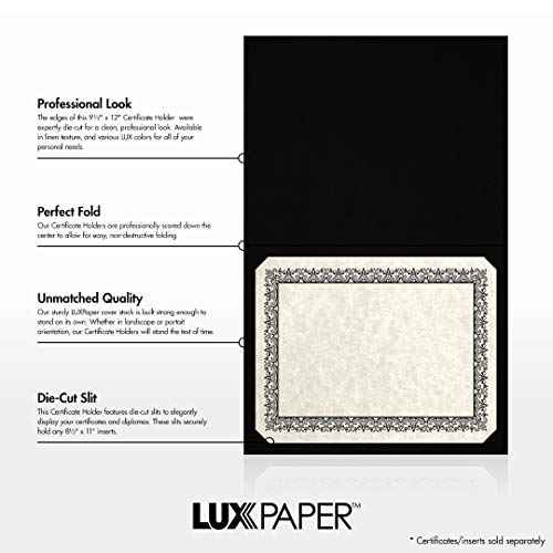 LUXPaper 9.5" x 12" Certificate Holders | Black Linen | Embossed Silver Foil Floral Border | 100lb. Cover | 25 Qty