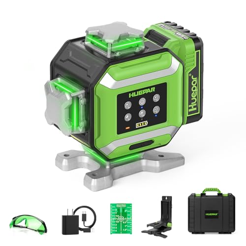 Huepar Electronic Laser Level, 4 x 360° Green Self Leveling Lazer Leveler Tool Kit with High Accuracy & Slope Function, No Swing Design, Adjustable Brightness with Flash Mode, Rechargeable -DP04CG