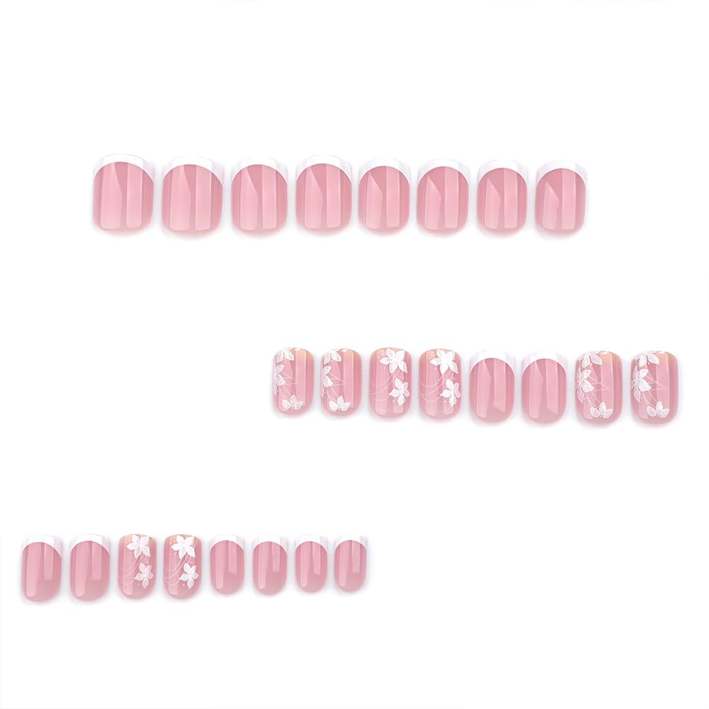 Square Press on Nails 24PCS French Short False Nails Full Cover With Designs Fake Nail Kit Reusable Glossy Artificial Fake Fingernails Acrylic Cute Fale Nails For Women Girls Manicure
