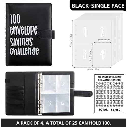 2PCS 100 Envelopes Money Saving Challenge, Envelopes Challenge Binder, Achieving Financial Goals with a Budget Binder and Cash Envelopes, Successfully Reach Your Savings Goals of $5,050 (Blue+Black)