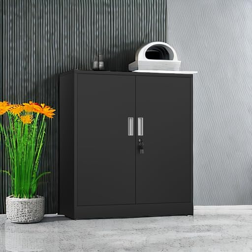 JINKUR Metal Storage Cabinet with Locking Doors and 2 Adjustable Shelves, Small Lockable Steel Storage Cabinets for Home Office Garage Kitchen Pantry (Black)