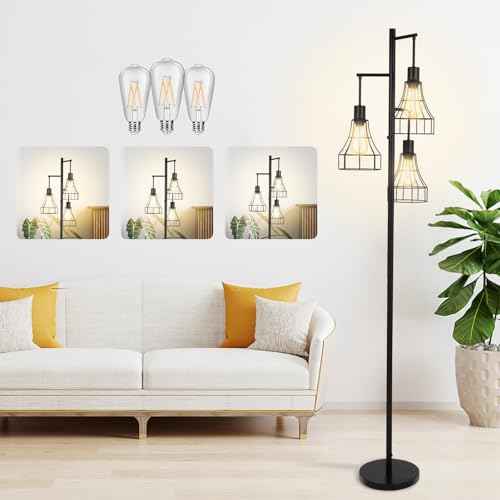 Dimmable Floor Lamp,70Â¡Â¯Â¡Â¯ Farmhouse Rustic Standing Tree Lamp with 3 LED Edison Bulbs,Industrial Modern Tall Lamp with Elegant Cage for Living Room Corner Bedroom Office Reading