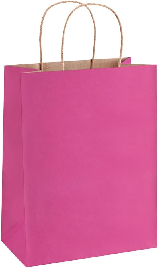 BagDream 25Pcs Hot Pink Gift Bags 8x4.25x10.5 Kraft Paper Gift Bags with Handles for Shopping, Small Business, Retail Merchandise Grocery, Birthday Party Favor, Medium Pink Paper Sacks