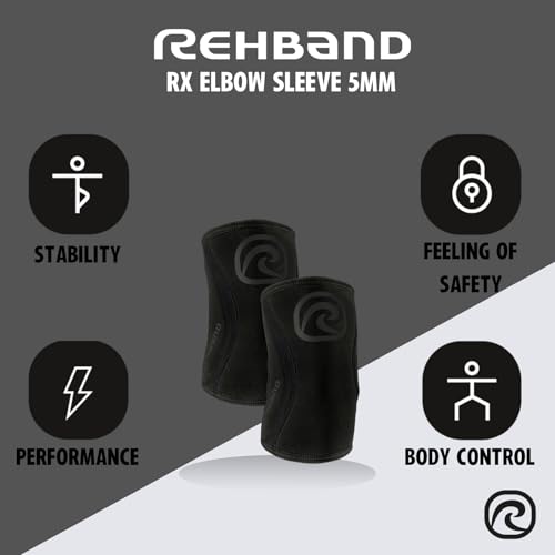 Rehband Elbow 5mm Compression Sleeve, Neoprene Elbow Sleeves for Weightlifting, Anatomical Design, Non-Slip & Close Fitting, Elbow Support Unisex, Colour:Carbon/Black - 1 Pair, Size:Small