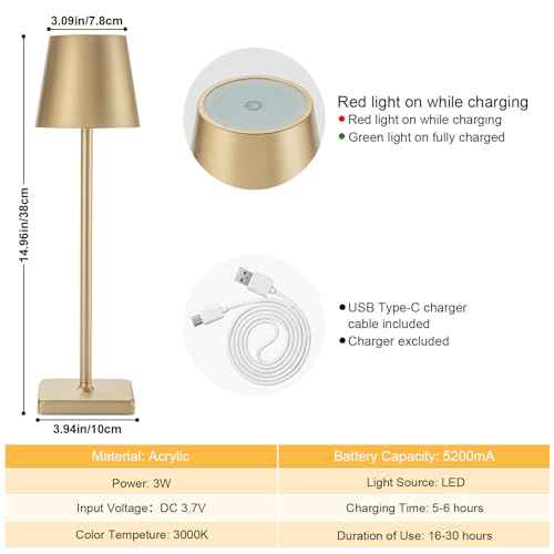 2 Pack Rechargeable Cordless Table Lamps, 5200mAh Battery Touch Table Light, Aluminum Shell Stepless Dimmable Portable LED Desk Lamp for Dinner/Restaurant/Outdoor Gold