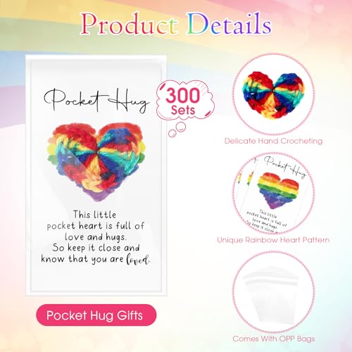 300 Sets Pocket Hug Gift Bulk Rainbow Party Favor Emotional Cheer Support Pride Gift Cute Hand Crocheted Pocket Hug Heart Inspirational Card and Bags Christmas Party Favor for Family Friends