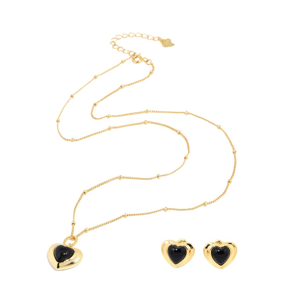 Exquisite Agate Gemstone & Gold-Plated 925 Sterling Silver Vintage Love Heart Jewelry Set Trendy Classic European Design with Pendant and Earrings – Elegant Gift Box Included