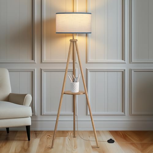 Floor Lamp with 3 Light Modes Adjustable? Wood Tripod Floor Lamp Modern LED Standing Lamp with Dimmable Brightness, Perfect for Living Room, Bedroom, and Office, Burlywood