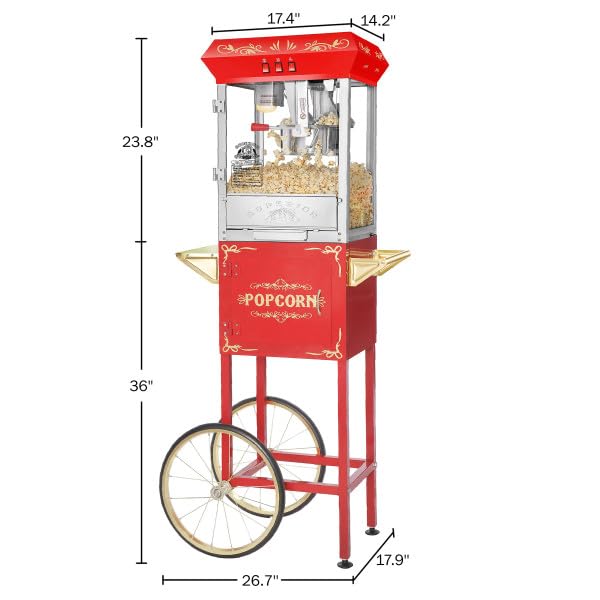 Popcorn Machine with Cart - Carnival 8oz Popper with Stainless-Steel Kettle, Heated Warming Tray, and Old Maids Drawer by Great Northern Popcorn (Red)