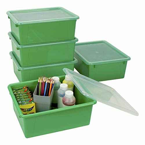 Storex Letter Size Deep Storage Tray ? Organizer Bin with Non-Snap Lid for Classroom, Office and Home, Green, 5-Pack (62547A05C), 10 x 13 x 5 Inches