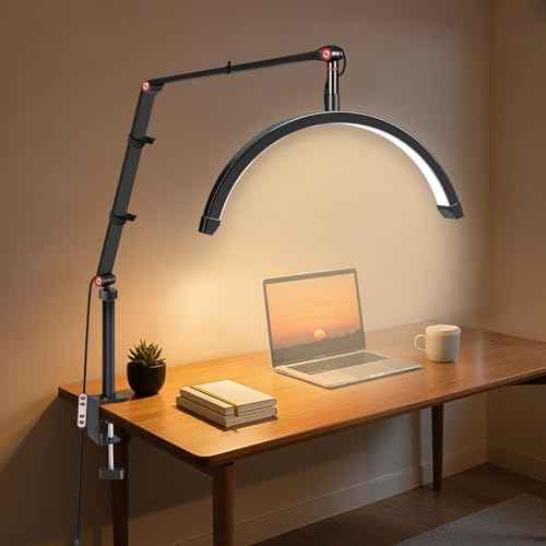 Professional LED Desk Lamp, Half Moon Light for Desk with Clip&Phone Holder, Esthetician Light with Adjustable 10-Level Dimming & 3 Color for Work,Office,Makeup,Nail Salon,Tattoo,Craft (Black)