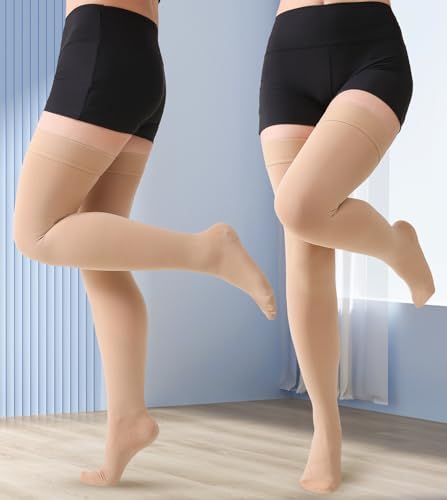 MGANG Medical 20-30 mmHg Compression Stockings for Women & Men, Pair, Thigh High Graduated Compression Socks, Closed Toe, Opaque, Support for Varicose Veins, Edema, DVT, Swelling, Flight, Beige M