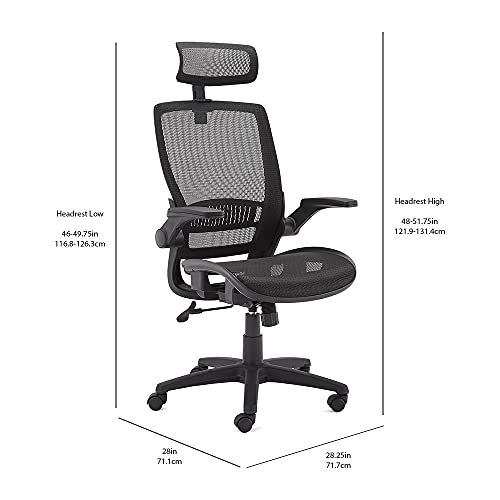 Amazon Basics Ergonomic High-Back Office Chair, Breathable Mesh, 360° Swivel, Easy to Assemble, Comfortable Flip-Up Armrests, 25.5"D x 26.25"W x 49.25"H, Black