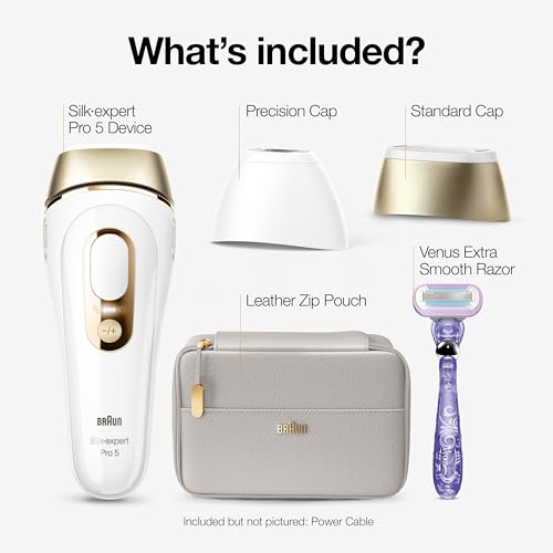Braun IPL, Silk·Expert Pro 5, IPL Hair Removal for Women and Men, Permanent Laser Hair Reduction At-Home, 2 Heads, Pouch, Venus Razor, IPL5157