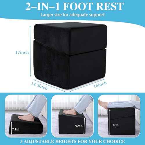 ROYALAY Adjustabl Foot Rest Under Desk for Office, High-Density Foam Foot Rest with 3 Adjustable Heights, Ergonomic Footrest with Washable Cover for Home, Airplane, Travel(16 * 14.5 * 17in, Black)