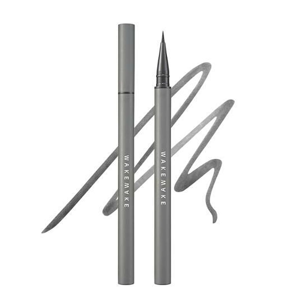 WAKEMAKE Real Ash Brush Eyeliner, Korean Makeup Liquid Eyeliner, Smudge-proof, Ultra-Fine Tip, Long Lasting Waterproof Liquid Eyeliner 0.04 OZ (Pack of 2) (01 ASH BLACK)