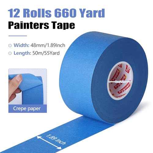 12 Rolls Blue Painters Tape 2 Inch Wide Painters Tape Bulk 1.89In ¡¿ 660 Total Yd Multi-Purpose Blue Masking Tape for Wall Painting Color Separation Edge Repair Car