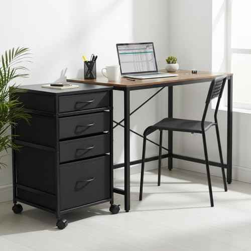 Chunful 4 Drawer Rolling File Cabinet Mobile Printer Stand Metal Cart with Fabric Vertical Filing Chest Wheels A4 Letter Size Under Desk Utility Craft Storage Organizer for Home Office (Black)
