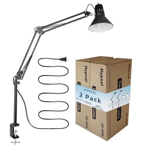 Hypool 2 Pack Desk Lamp w/A19 E26 LED Bulb for Home Office Eye-Caring Metal Extra Tall Swing Arm High Intensity Clamp Flexible Gooseneck Side Table Working Reading Computer Workbench 3000K Warm Light