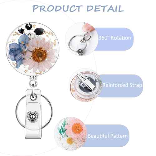 3 Pcs Flower Badge Reel Convenient Badge Reels Retractable with Key Ring Nurse Badge Holder Dried Floral Resin ID Badge Clip for Teacher Nurse Doctor Worker (Round)