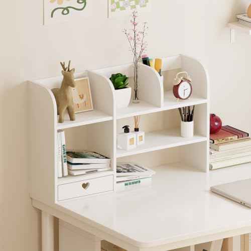 Cute Bookshelves Cute Bookshelf for Desk Kawaii Desk Organizer with Drawer Office Desk Organizers and Accessories Storage Home Decor Display (White)