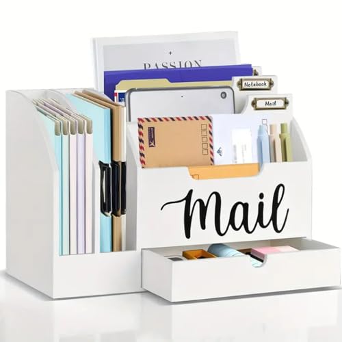 Wood Desktop Mail Organizer, Fantasyon Mail Organizer Countertop with 6 Compartments and Drawer, Wood Desk Drawer Organizer for File Letter Paper Folder, White