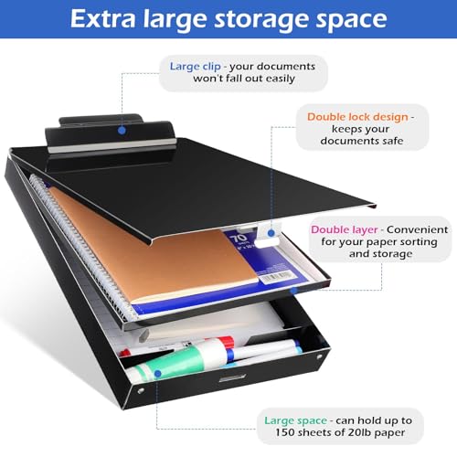 Janlaugh 2 Pieces Metal Storage Clipboard Letter Size Heavy Duty Aluminum Clip Board 14'' x 9.06'' x 2.95'' Contractor Clipboard Dual Storage Form Holder Paper Holder with High Capacity Clip