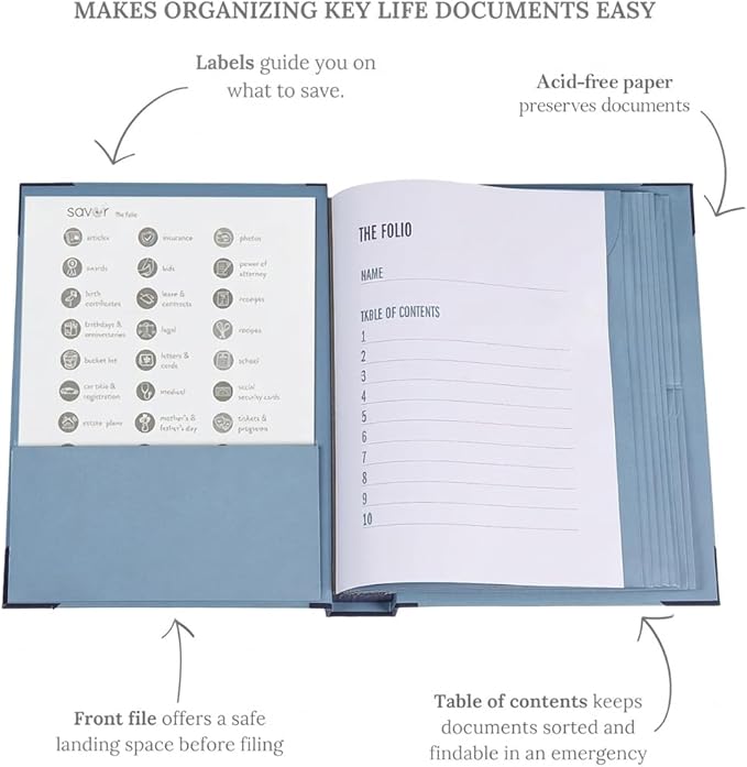 The Folio® Important Document Organizer by Savor | Binder with Guided Labels, Acid-Free File Folder with 10 Pockets for Home, Legal, Medical Papers | Mother’s Day Gift for Moms, Records Storage (Blue)