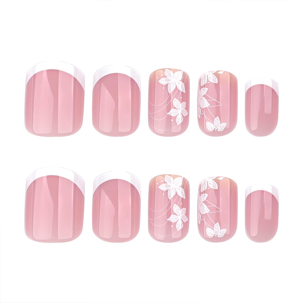 Square Press on Nails 24PCS French Short False Nails Full Cover With Designs Fake Nail Kit Reusable Glossy Artificial Fake Fingernails Acrylic Cute Fale Nails For Women Girls Manicure