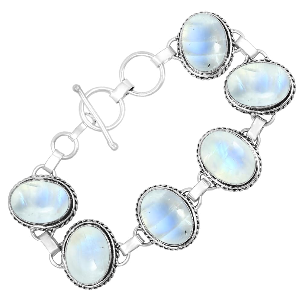 Natural Moonstone Silver Plated Handmade Link Bracelet for Women - White Stone Oval Shape Gemstones June Birthstone Adjustable Bracelet - Wedding Gifts for Her