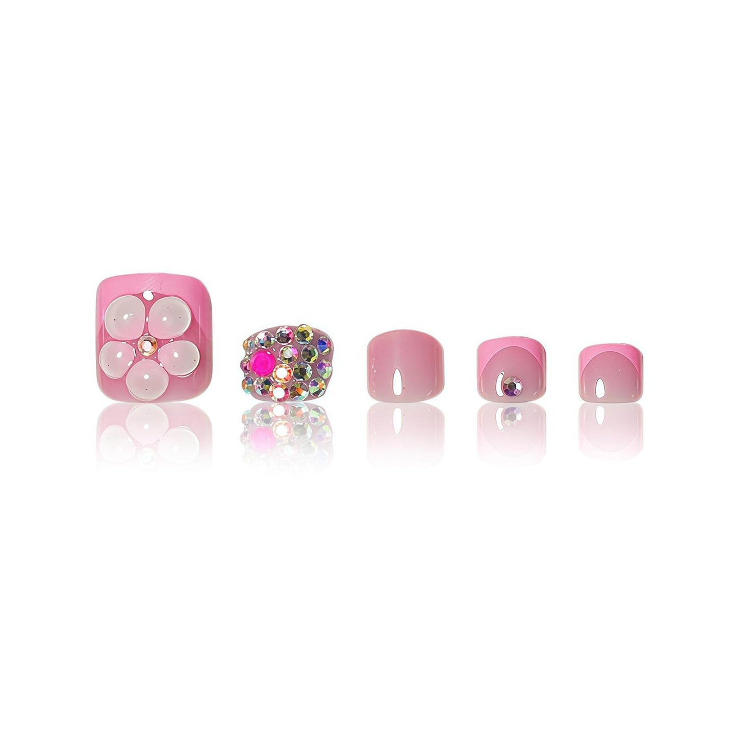Pink French Tip Press On Nails Short Square & Press On Toenails Set With 3D Flower & Rhinestone Nails Press Ons Nude Pink Fake Nails Summer Acrylic Nails Full Cover Glue On Toenails For Women 48Pcs