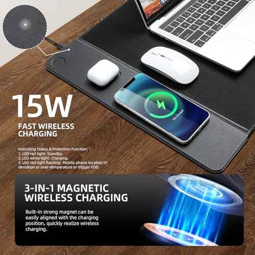 3 in 1 Wireless Charging Mouse Pad, Gaming Mousepad with Wireless Charger Multiple Devices Compitable with Watch/iPhone/Airpods, Large Desk Mat 80 x 40cm,Desk Pad for MacBook, PC, Laptop-Black