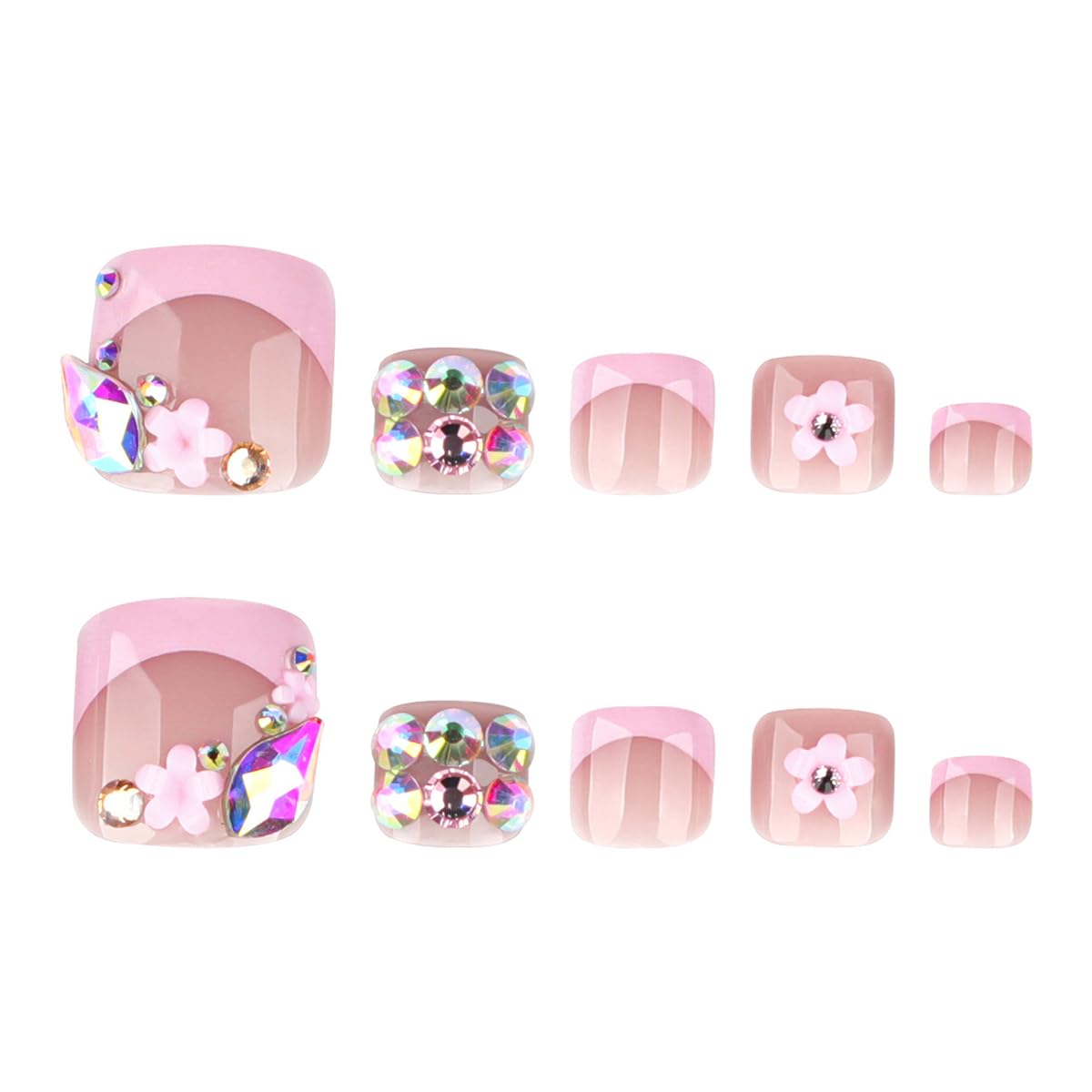 yefiuo Handmade Press on Toenails Pink French Toe Press on Nails Tips Kit Fake Toe Nails Press ons False Toenails Flower Rhinestones Acrylic Glue on Nails Stick on Nails for Women Nail Supplies 24Pcs