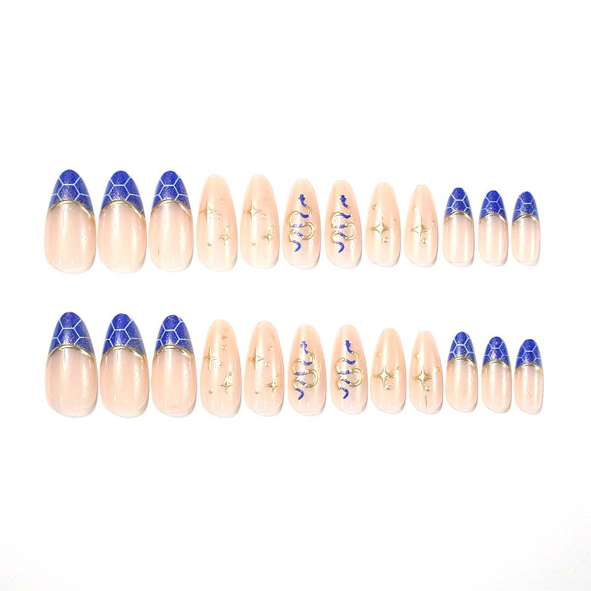LINMEIZAI 24 Pcs French Tip Press on Nails Short Almond 3D Snake Fake Nails Press ons Nail Tips Glue on Nails Acrylic Nail Kit with Glitter Blue Design False Nails Stickers Nail Art for Women