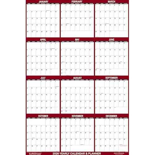 18" x 24" SwiftGlimpse 2026 Wall Calendar Erasable Large Wet & Dry Erase Laminated 12 Month Annual Yearly Wall Planner, Reversible, Horizontal/Vertical, Maroon