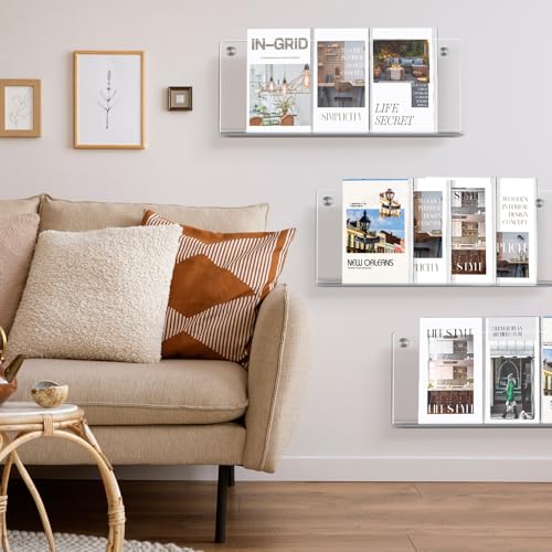 4 Pack 21" Clear Acrylic Magazine Holder Wall Mount Hanging Bookshelf Magazine Rack Brochure Holder for Waiting Room, Living Room, Office, Home Display