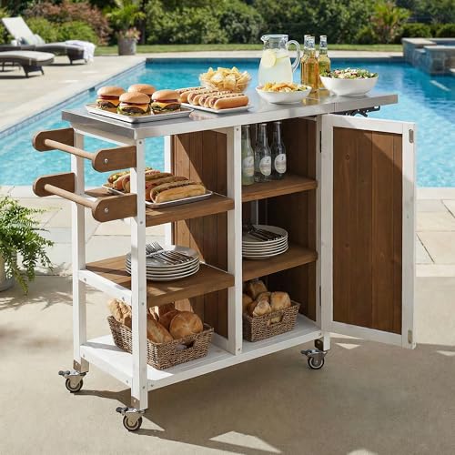 Casaphoria Outdoor Grill Cart with Folding Stainless Steel Tabletop,40" x 15" Rolling BBQ Prep Station & Kitchen Island, Wood Garden Table with Storage Cabinet and Towel Rack,White