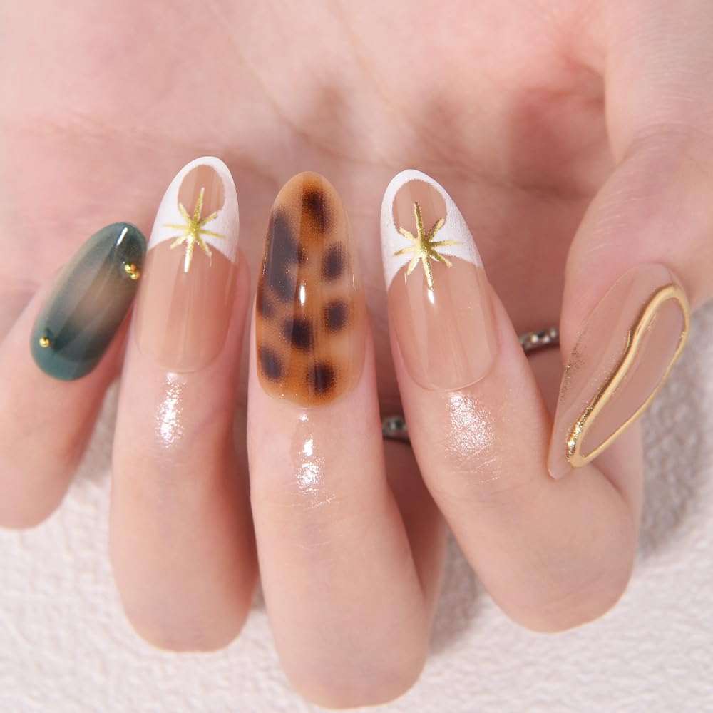 evpct Nude Pink Press on Nails Short Almond with Green Nails, Sexy Brown French Tip Stick on Nail for Women, Reusable Full Cover Soft Press on Fake Nail with 3D Gold Line Design Perfectly Fit
