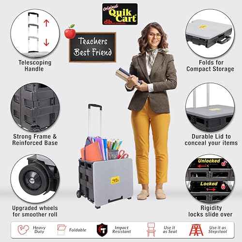 dbest products Quik Cart Collapsible Rolling Crate on Wheels for Teachers Tote Basket 80 lbs Capacity, Made from Heavy Duty Plastic and Used as a Seat, Grey