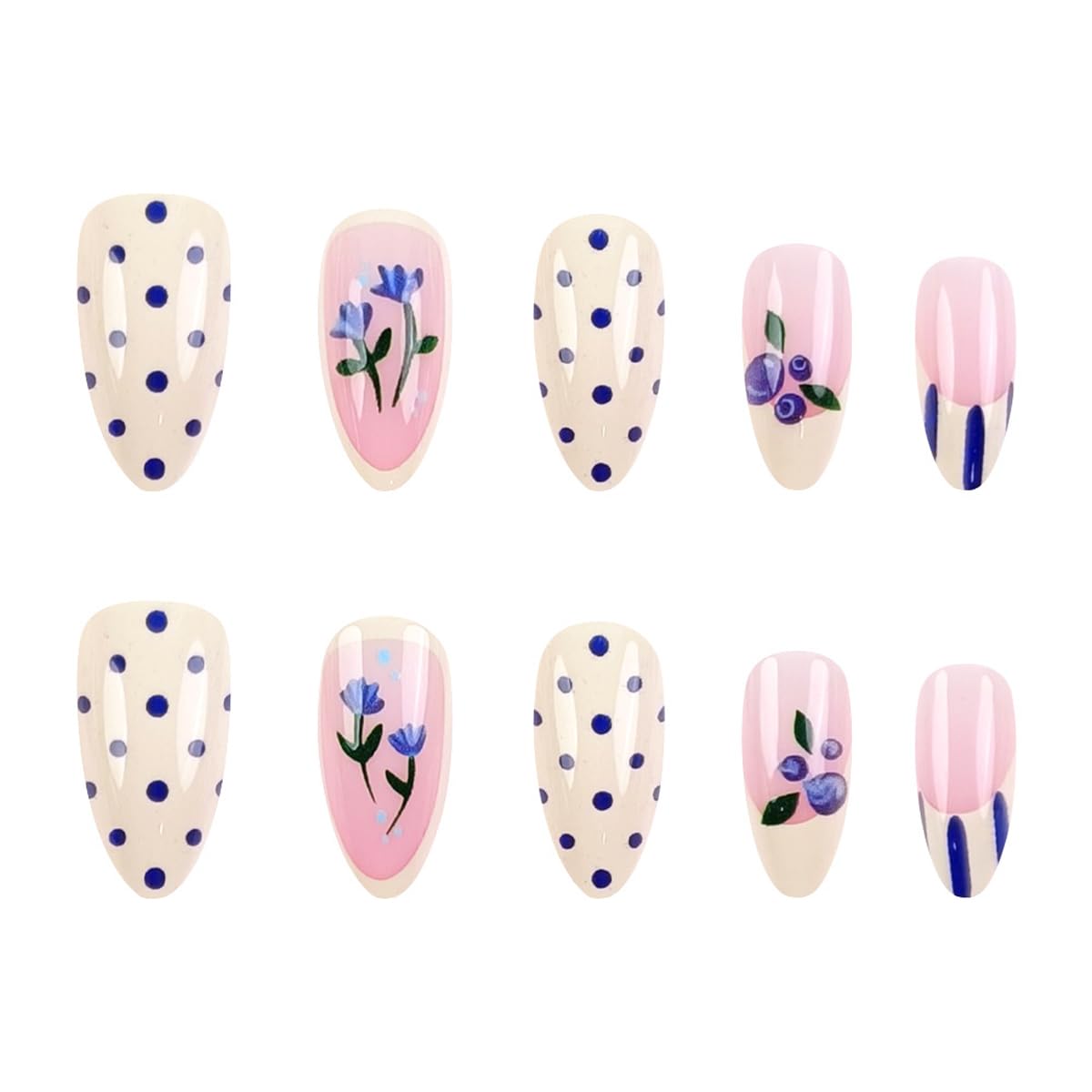 Medium Almond Press on Nails Yellow Fake Nails with Polka Dot & Blueberry & Blue Flower Design French Tip Nails Press ons Acrylic Full Cover Glossy Glue on Nails for Women Manicure 24Pcs
